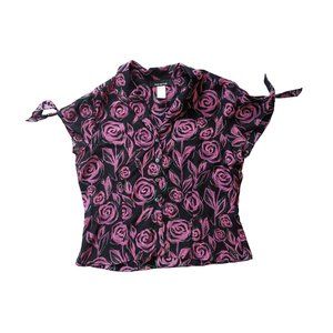Purple and Black Floral Short Sleeve Blouse